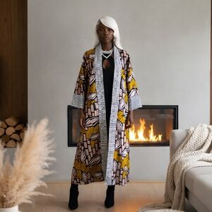 Yellow African Print Duster Kimono Size Small Blue Striped Boho Hippy Dopamine